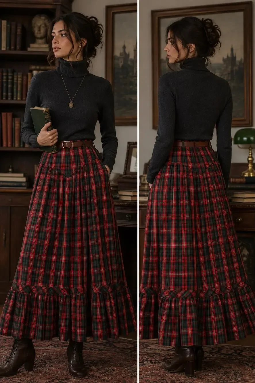 VTG 90s LizSport Red Green Plaid Maxi Skirt S Cottagecore Academia Tarten Pocket